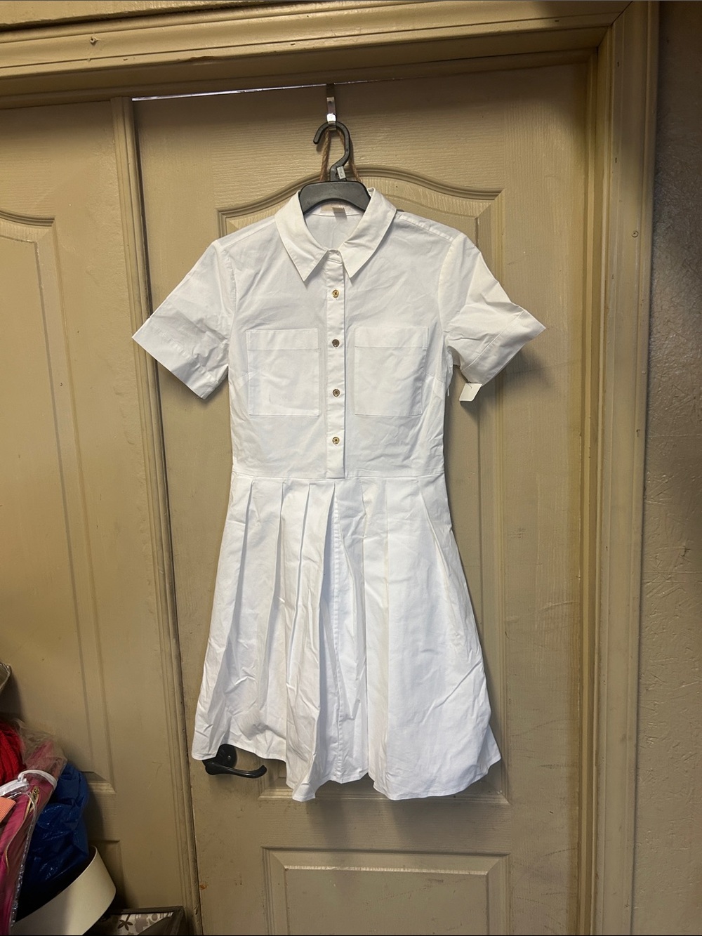 Michael Kors White Short-Sleeve button down Pleated Midi Dress